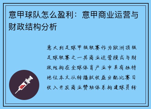 意甲球队怎么盈利：意甲商业运营与财政结构分析