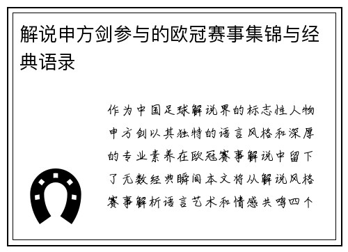 解说申方剑参与的欧冠赛事集锦与经典语录