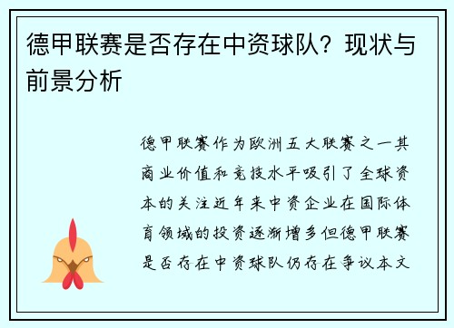 德甲联赛是否存在中资球队？现状与前景分析